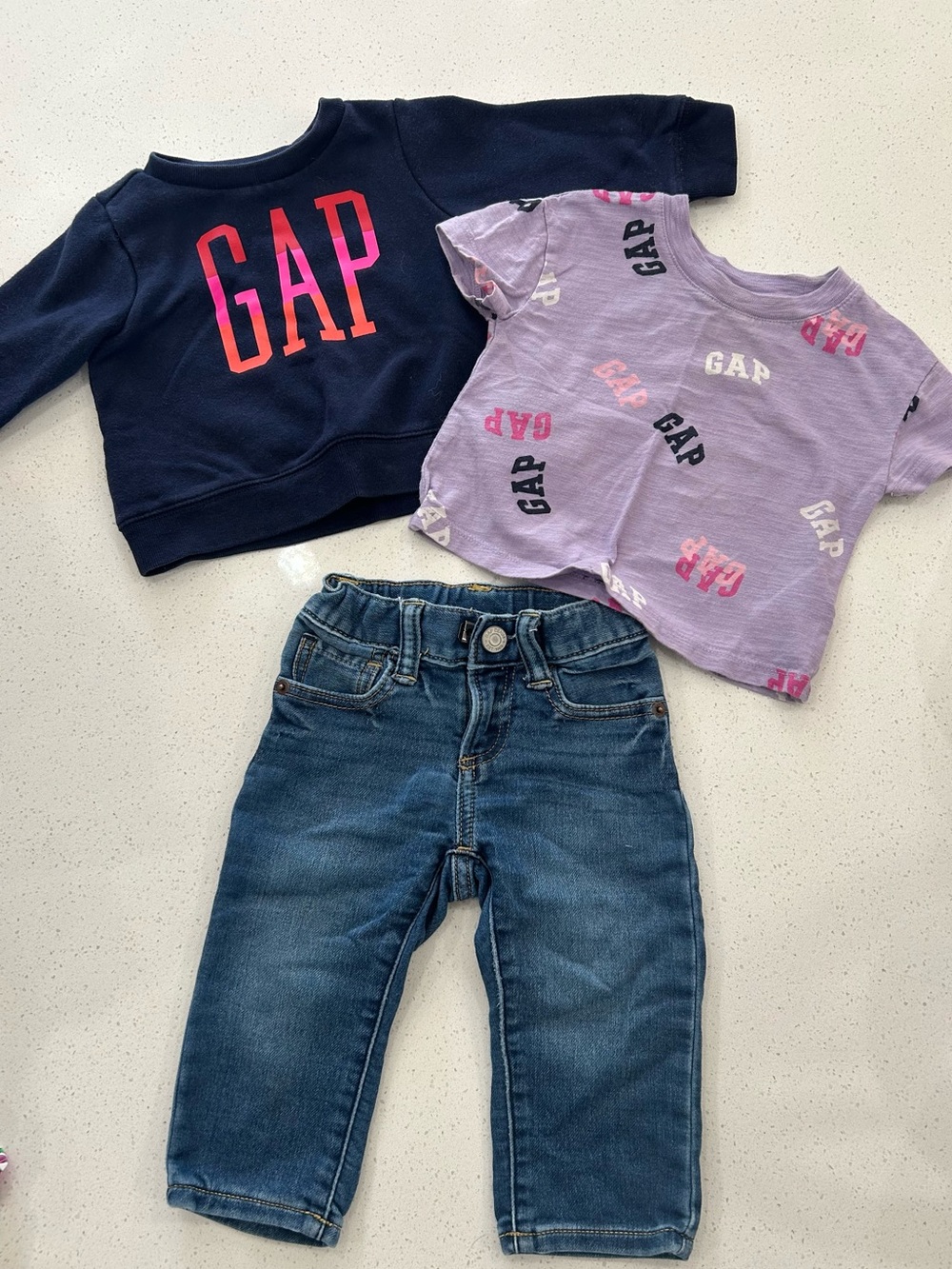 GAP Navy Sweatshirt & Lavender Logo Tee and Jeans